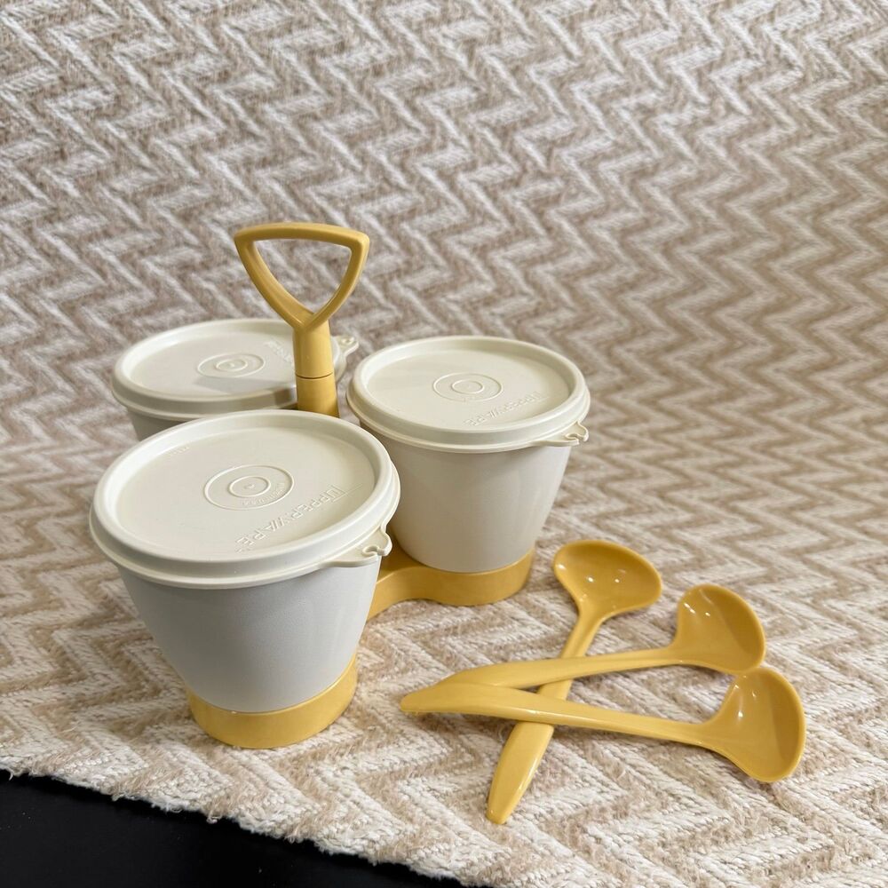 Vintage Tupperware Triple Condiment Caddy with Spoons